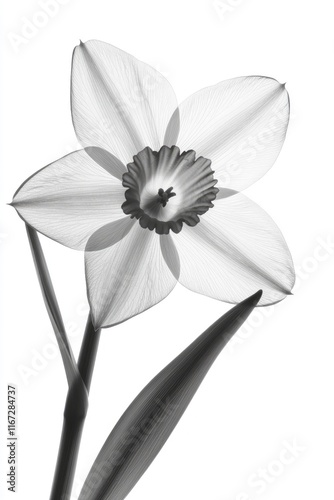 X ray theme of a daffodil flower in black and white on a white background
