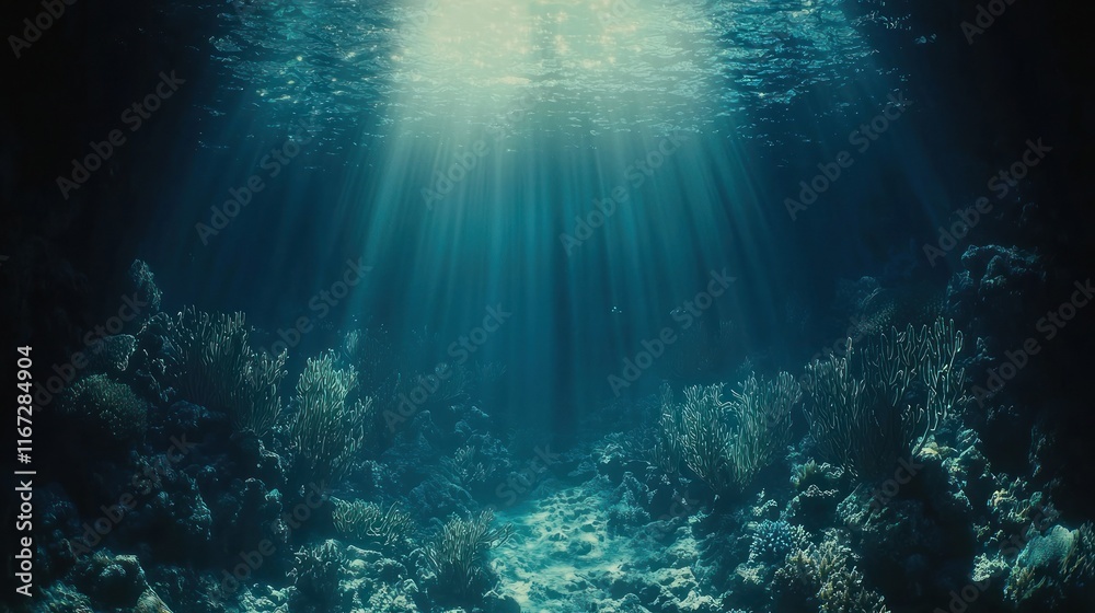 Fototapeta premium Sunbeams pierce deep ocean, illuminating coral reef seabed.