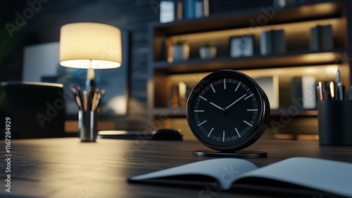 Table clock on the office table to remind the time for work planning, time management, punctual in meeting