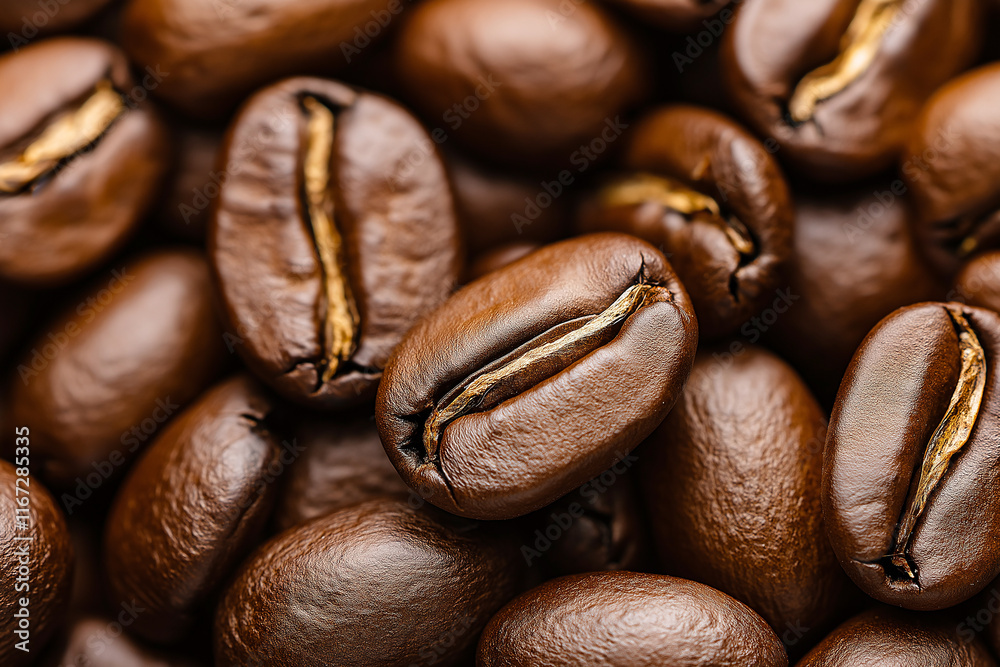 Fototapeta premium Close up of roasted coffee beans showcasing rich textures and colors. deep brown hues and unique shapes highlight beauty of these natural ingredients, perfect for coffee lovers