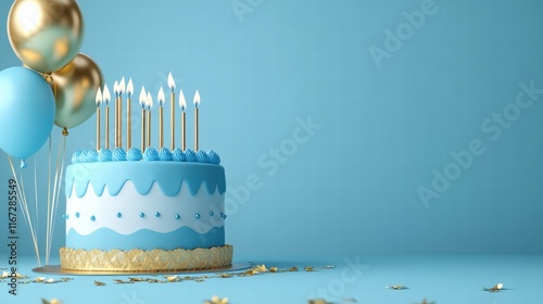 3D blue and gold birthday cake with candles, and balloons on a blue color banner with a copy space area f