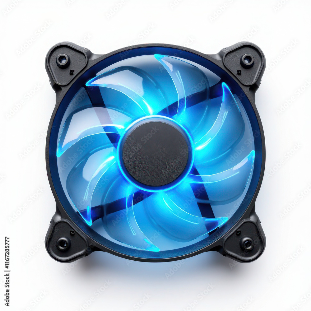 An Isolated Cooling Fan with blue LED lights, conveying cooling efficiency An Isolated Cooling Fan with blue LED lights, conveying cooling efficiency