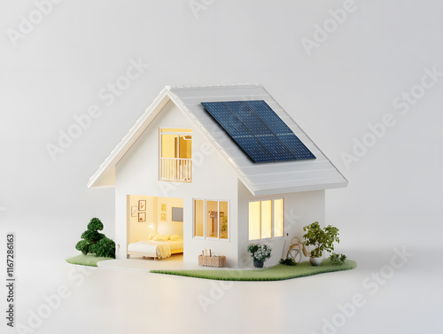 modern smart home model featuring solar panels, energy efficient design, and cozy interior. This futuristic house symbolizes sustainability and innovation in residential living