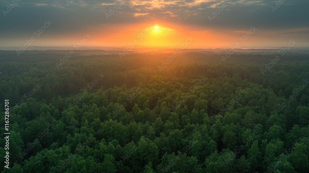 Sunrise over a forest, dense trees and misty background for travel use. Sunrise over a forest, dense trees and misty background for travel use.