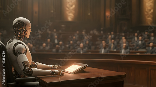 robotic lawyer presenting evidence in courtroom filled with humans, showcasing advanced technology and legal proceedings. atmosphere is tense and focused