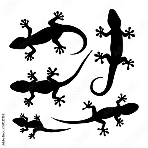 Lizard Silhouette Set Minimalist Black Gecko and Reptile hand draw