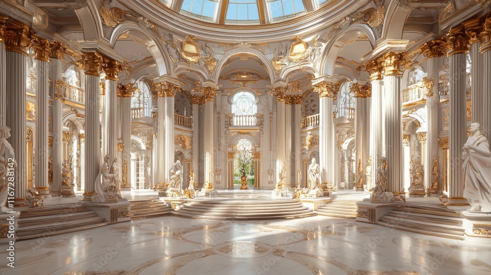 Obraz premium Opulent Atlantean Throne Room with Regal Figures Gathered Under Grand Dome | Photorealistic Ultra-Detailed Palace Interior