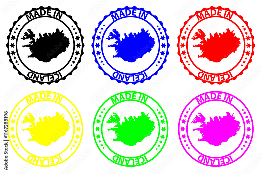 Obraz premium Made in Iceland - rubber stamp - vector, Iceland map pattern - black, green, yellow, purple, blue and red