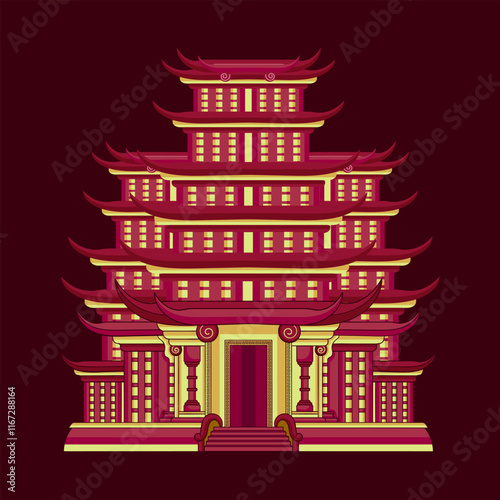 Elegant Abstract Chinese Temple in Traditional Way with Red background.