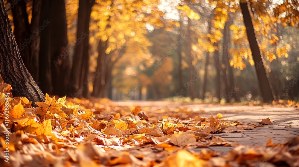A serene autumn scene with golden leaves covering a path in a tranquil park. A serene autumn scene with golden leaves covering a path in a tranquil park.