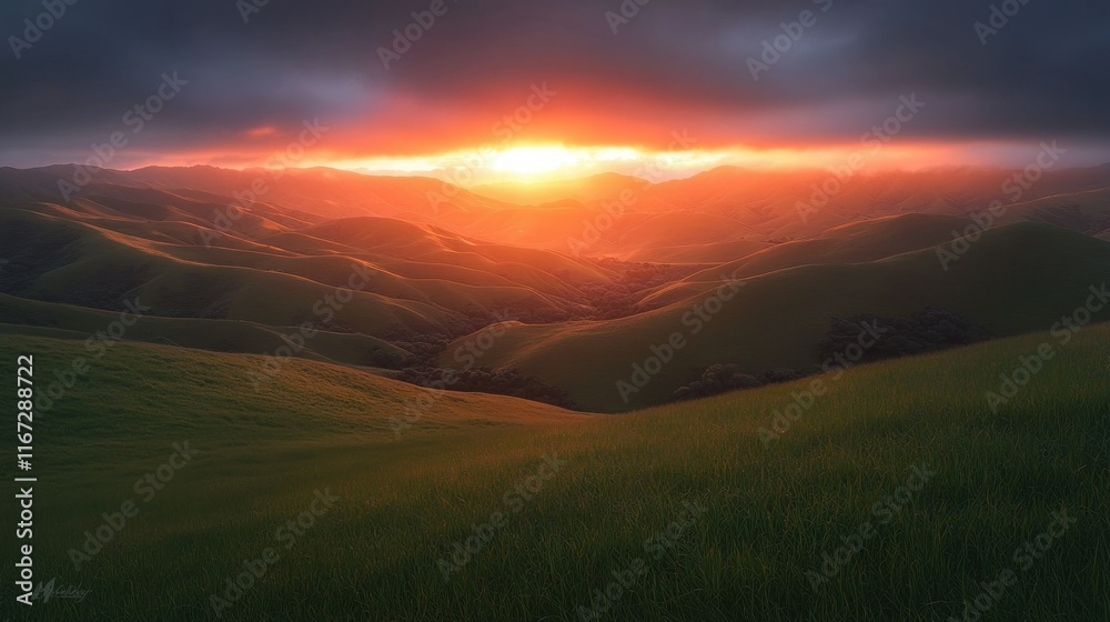 Sunset over rolling hills with a dark sky, for use as a background.
