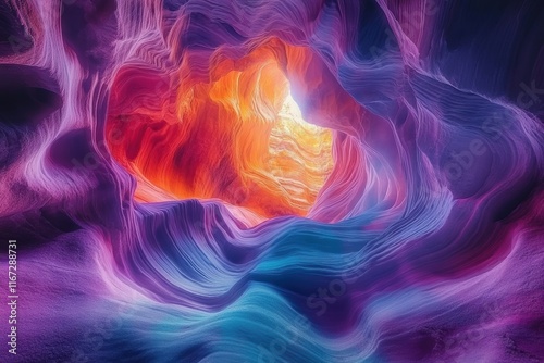 Colorful cave with a bright orange light shining through it