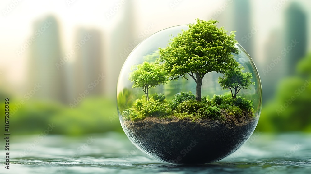 miniature ecosystem encased within a glass sphere. Inside, a small tree and other vegetation thrive, creating a self-sustaining microcosm miniature ecosystem encased within a glass sphere. Inside, a small tree and other vegetation thrive, creating a self-sustaining microcosm