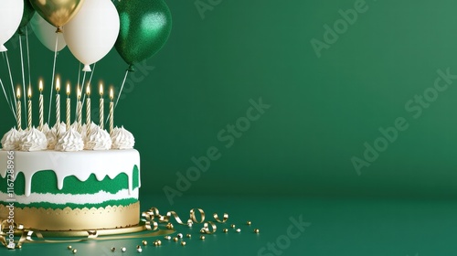3D green and white birthday cake with candles, and balloons on a green color banner with a copy space area 