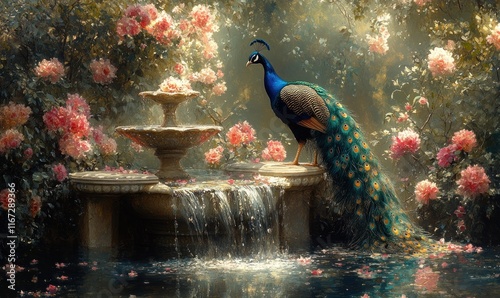 Botanical Garden Art Nouveau Mural with Peacock Flower Fountain Vintage Wallpaper photo