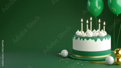 3D green and white birthday cake with candles, and balloons on a green color banner with a copy space area 