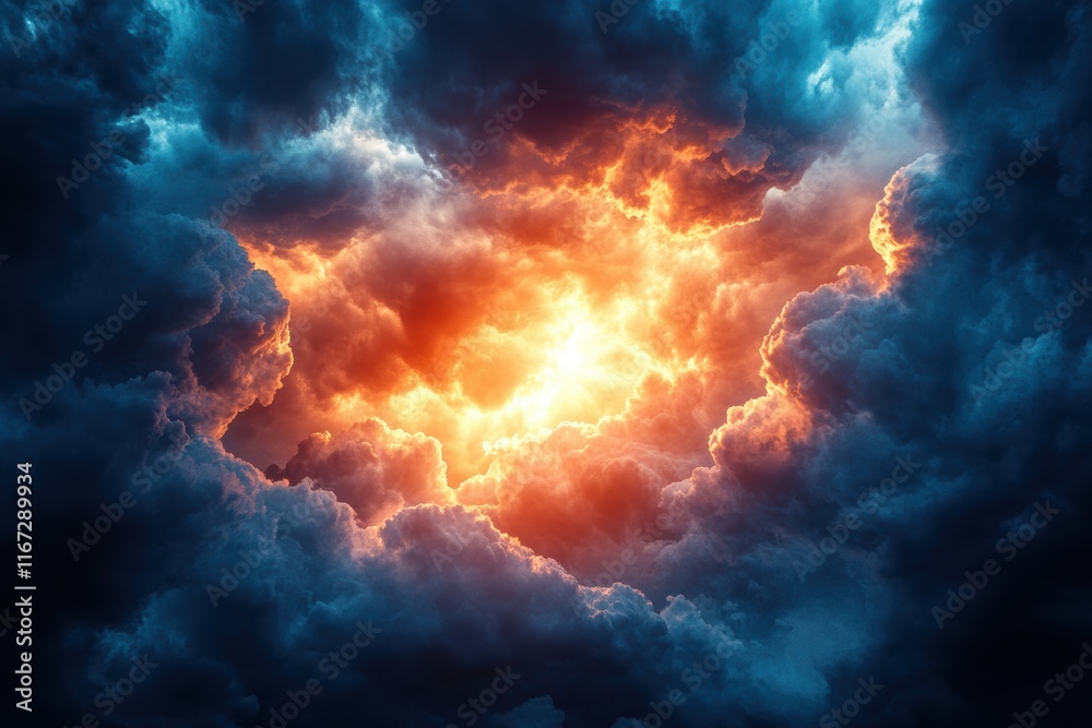 Bright orange sun is shining through a stormy sky Bright orange sun is shining through a stormy sky