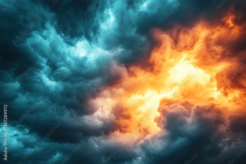 Fototapeta premium The sky is filled with dark clouds and a bright orange and blue light