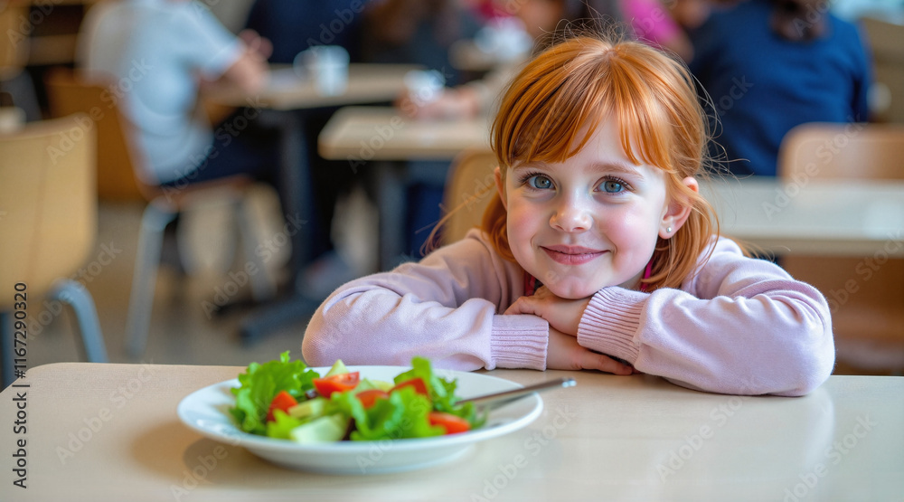 Cheerful Young Redhead Girl Enjoying Fresh Salad in Modern Cafe Setting Cheerful Young Redhead Girl Enjoying Fresh Salad in Modern Cafe Setting