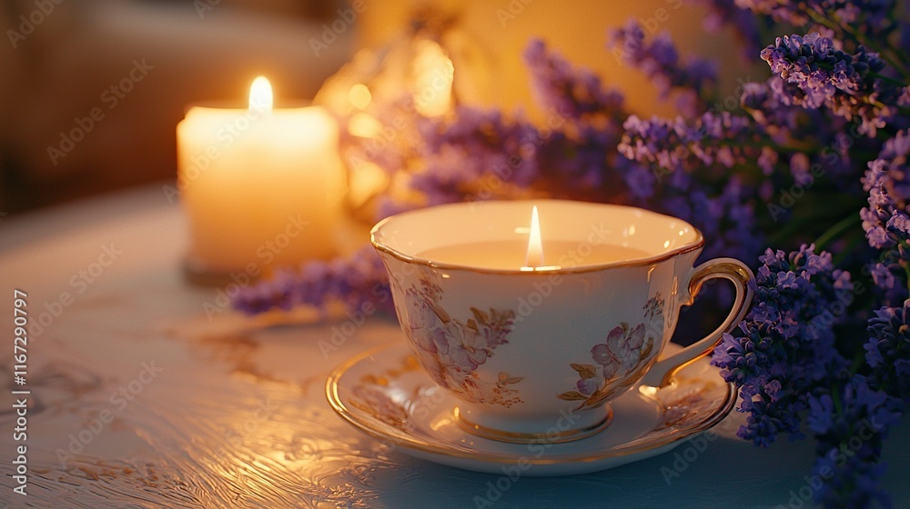 Teacup candle, lavender, cozy home interior, soft lighting. Teacup candle, lavender, cozy home interior, soft lighting.