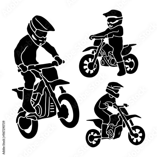 A black and white silhouette of a child on a motorcycle
