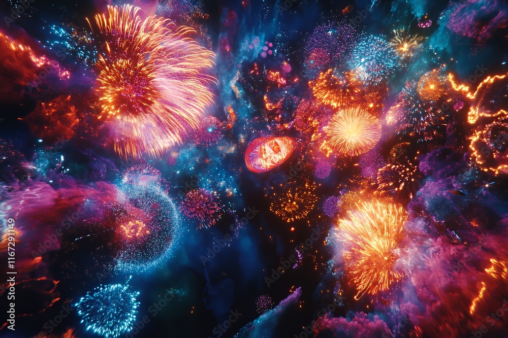 Vibrant Fireworks Exploding In A Cosmic Nebula Vibrant Fireworks Exploding In A Cosmic Nebula