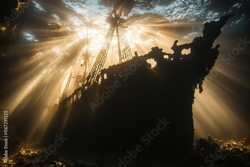 Shipwreck is shown in the sunlight, with the sun shining on the ship's hull