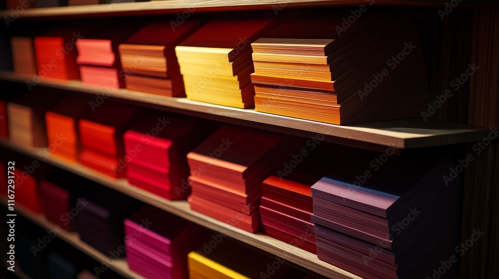 Fototapeta premium A vibrant display of stacked colored paper sheets on wooden shelves.