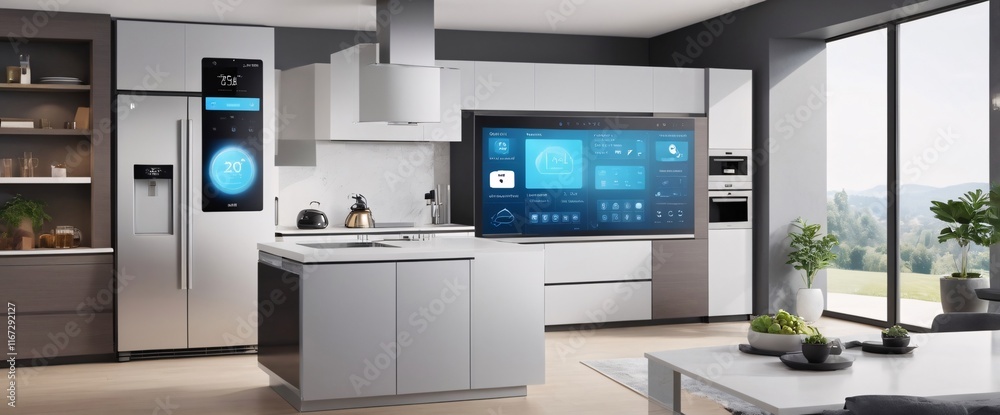 Showcase the power of the Internet of Things with a visually stunning image of a smart home filled with various connected devices and appliances AI, such as smart refrigerators, coffee makers Showcase the power of the Internet of Things with a visually stunning image of a smart home filled with various connected devices and appliances AI, such as smart refrigerators, coffee makers