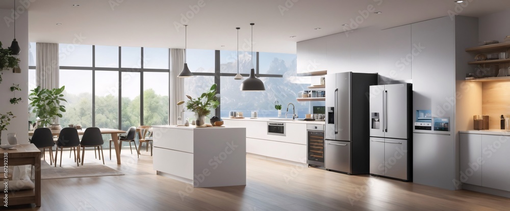 Fototapeta premium Showcase the power of the Internet of Things with a visually stunning image of a smart home filled with various connected devices and appliances AI, such as smart refrigerators, coffee makers
