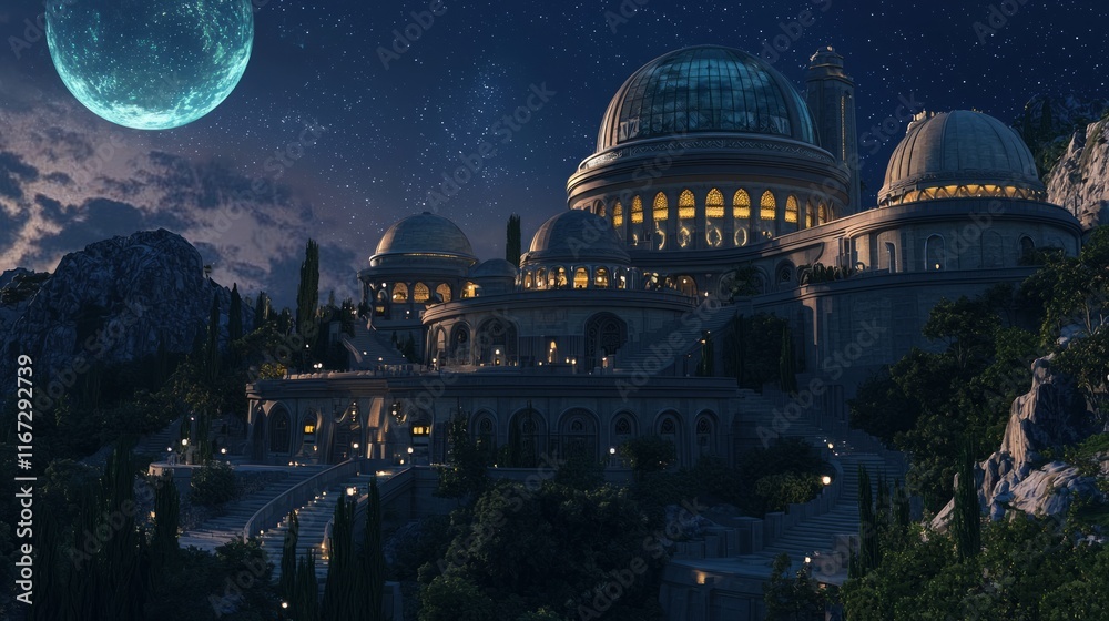 Obraz premium Atlantean Observatory: Scholars of the Stars at Dusk