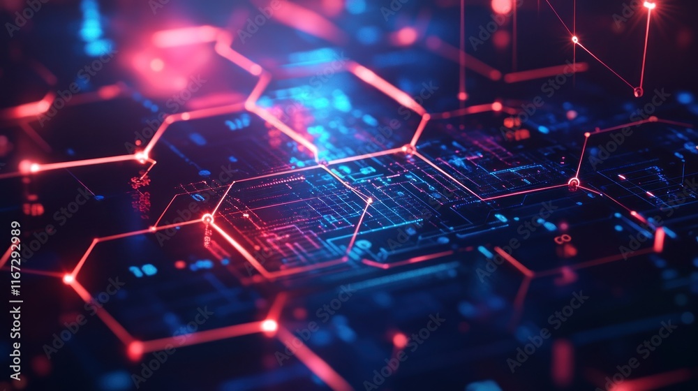 Abstract digital network with glowing hexagonal nodes and connecting lines. Abstract digital network with glowing hexagonal nodes and connecting lines.