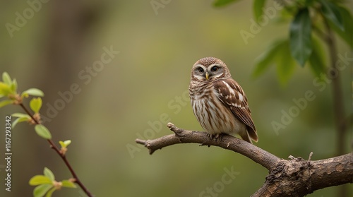 Owl Perched on Branch in Forest
