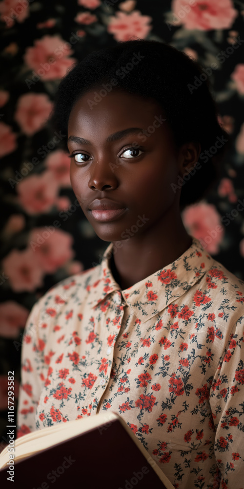 African American young woman with floral shirt holding book against floral backdrop African American young woman with floral shirt holding book against floral backdrop