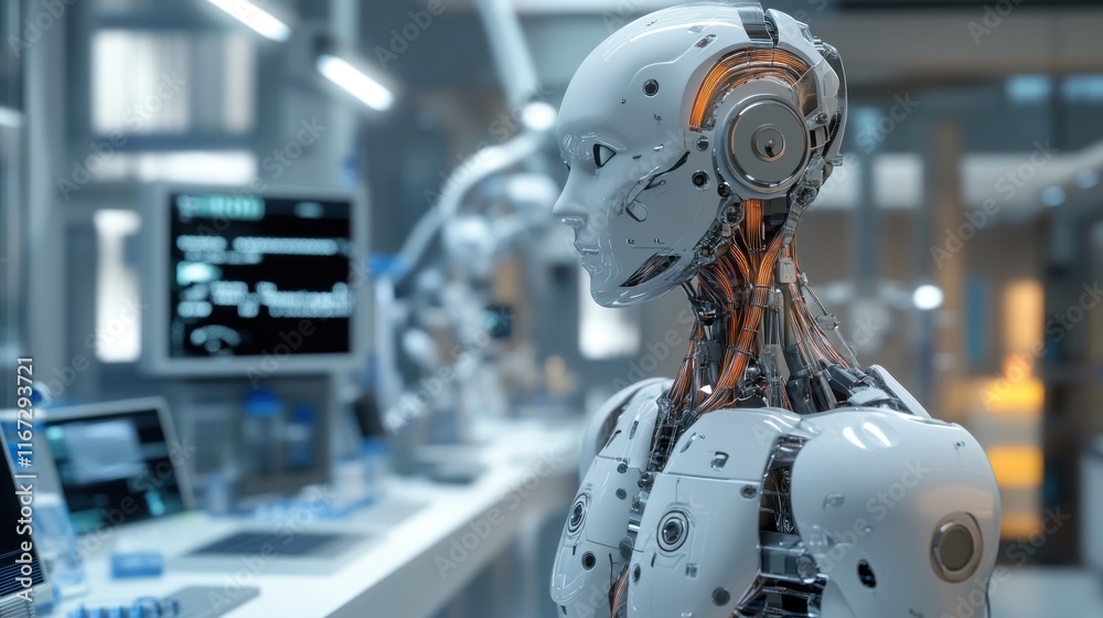 Advanced humanoid robot in a futuristic laboratory setting. Advanced humanoid robot in a futuristic laboratory setting.