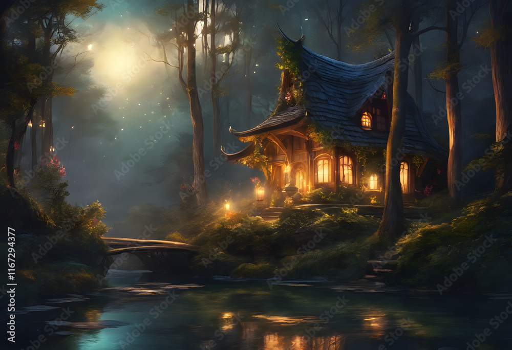 A whimsical, enchanting forest scene featuring a cozy, illuminated cottage surrounded by lush greenery. The atmosphere is magical with soft lighting and a serene path leading to the house. A whimsical, enchanting forest scene featuring a cozy, illuminated cottage surrounded by lush greenery. The atmosphere is magical with soft lighting and a serene path leading to the house.