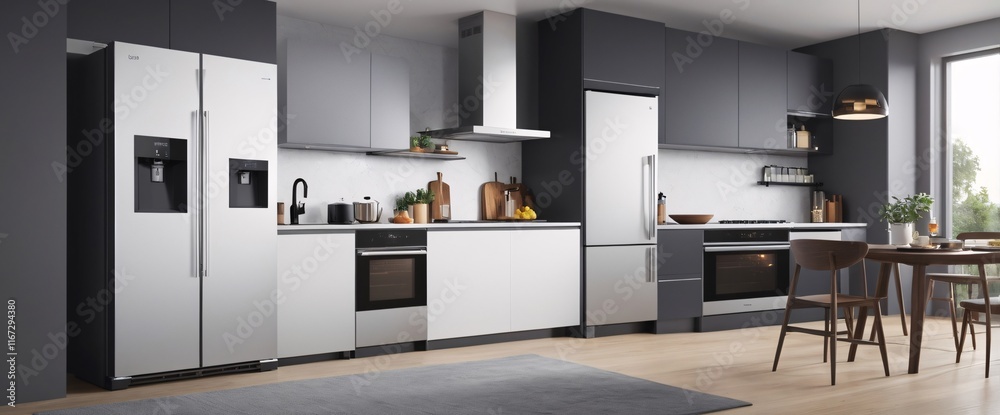 Showcase the power of the Internet of Things with a visually stunning image of a smart home filled with various connected devices and appliances AI, such as smart refrigerators, coffee makers Showcase the power of the Internet of Things with a visually stunning image of a smart home filled with various connected devices and appliances AI, such as smart refrigerators, coffee makers