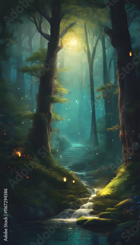 A whimsical, enchanting forest scene featuring a cozy, illuminated cottage surrounded by lush greenery. The atmosphere is magical with soft lighting and a serene path leading to the house.