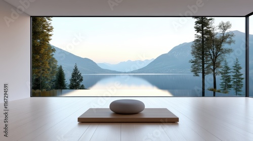 Serene minimalist room with panoramic lake and mountain view at sunrise