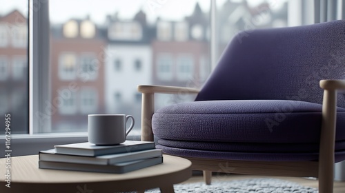 Wallpaper Mural Cozy living room with purple armchair, coffee cup, and books by a large window overlooking houses Torontodigital.ca