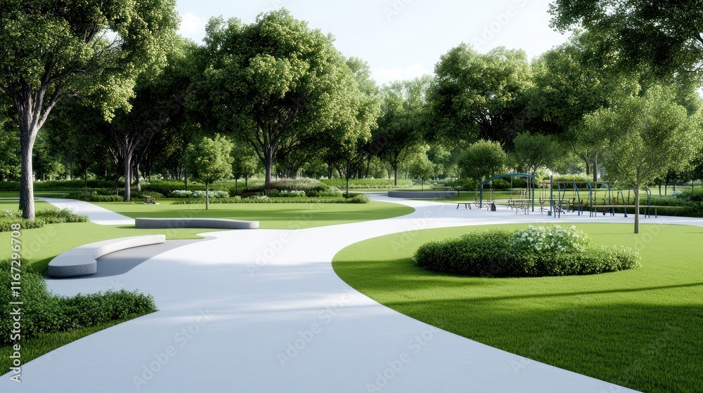 Obraz premium Serene park landscape with winding paths and lush greenery.