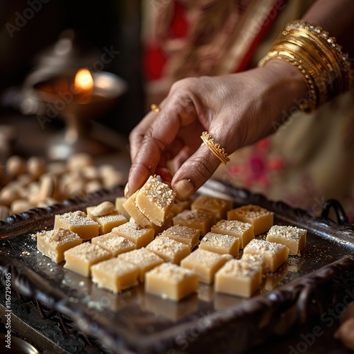 Kaju Katli Kaju Barfi Burfi cashew fudge candy woman hand serving Indian sweet mithai festival dessert Diwali Dussehra Holi ganesh chaturthi Ram navami Durga pooja Navratri Mumbai Kerala Sri Lanka photo