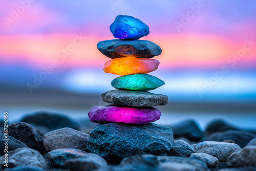 Colorful glowing gemstones stacked on smooth stones against vibrant sunset. arrangement showcases beautiful blend of colors, creating serene and calming atmosphere photo