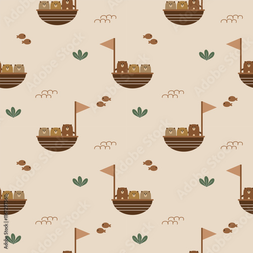 Three bear brothers in ship cartoon so cute. On fish seaweed wave background. Pattern seamless vector illustration. 