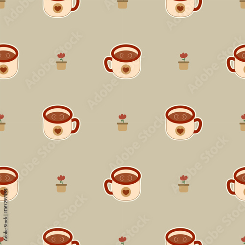 Coffee cup cartoon so cute. On flower background. Pattern seamless vector illustration. 