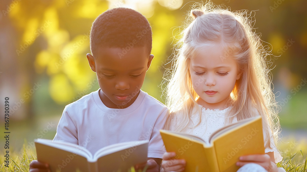 Two multiracial children reading books in sunny park, surrounded by nature. Their focused expressions reflect love for learning and exploration Two multiracial children reading books in sunny park, surrounded by nature. Their focused expressions reflect love for learning and exploration