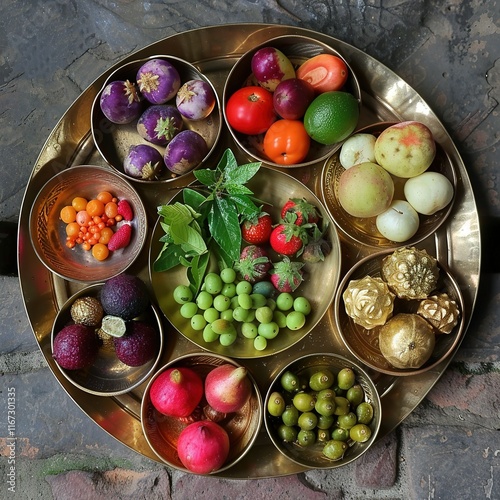 Various fruits and vegetables are kept together in brass plates for performing puja rituals in hindu festivals of Durga Puja, kali puja, Saraswati pooja etc. photo