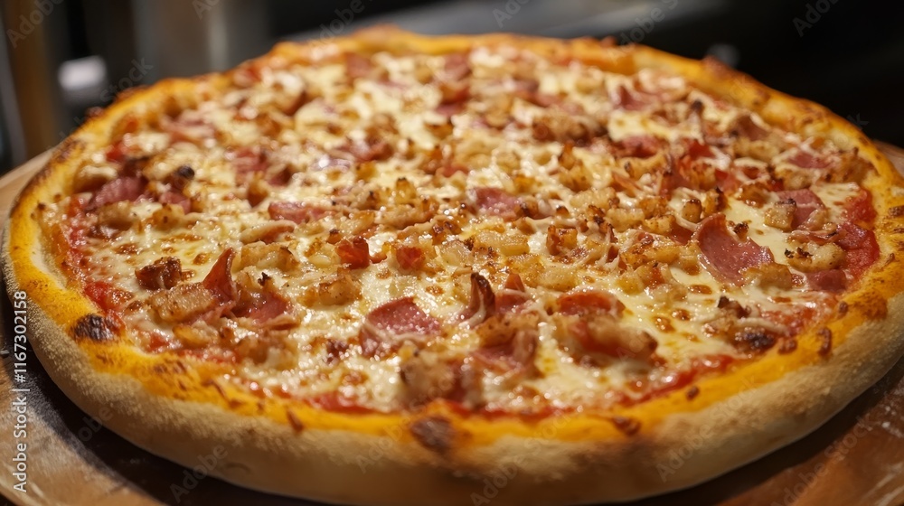 Freshly baked pizza with ham, chicken, and melted cheese, resting on a wooden board, ready to be served Freshly baked pizza with ham, chicken, and melted cheese, resting on a wooden board, ready to be served