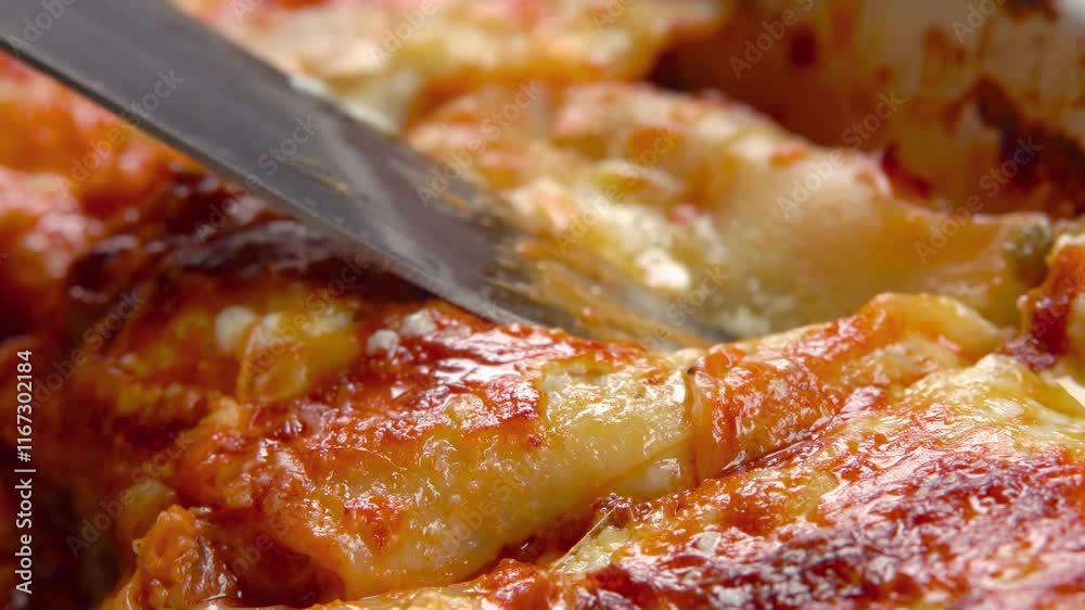 A piece of cooked lasagna rises up with melted cheese. Top view. High quality 4k footage