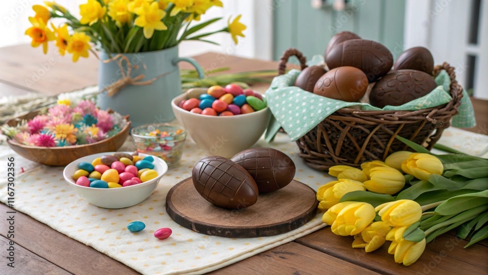 Creative Easter candy display with vibrant chocolate eggs and marshmallow bunnies for a cheerful holiday mood